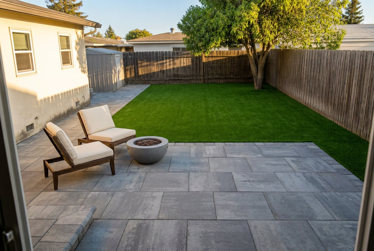 Same backyard rebuilt with a paver patio