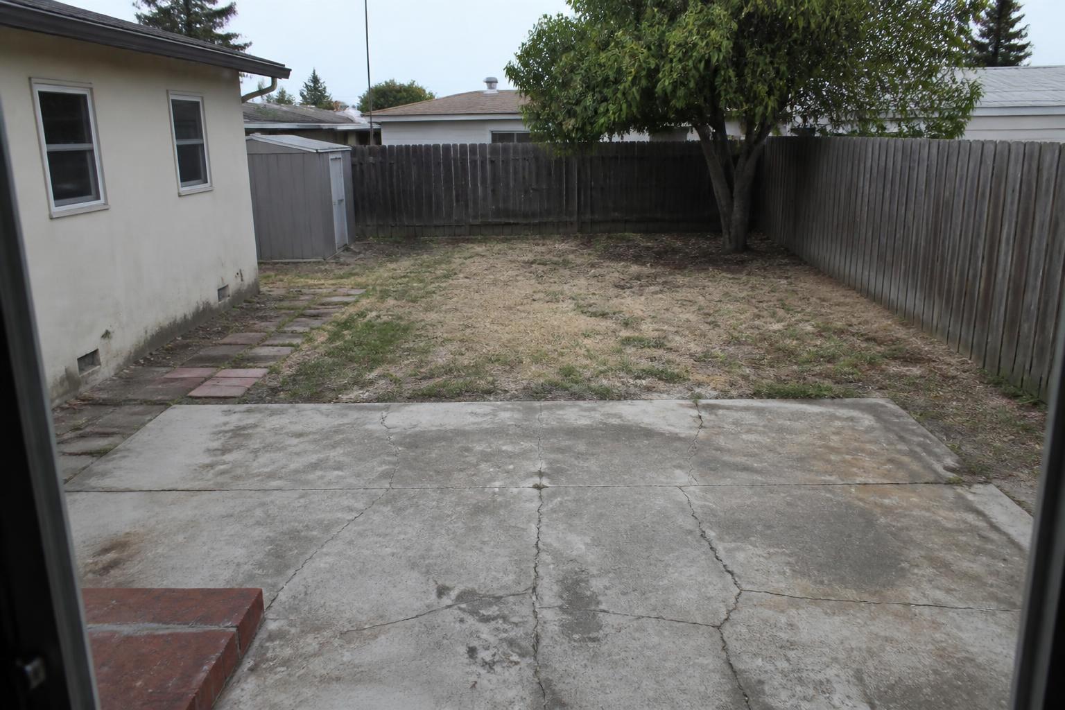 Backyard with cracked concrete slab