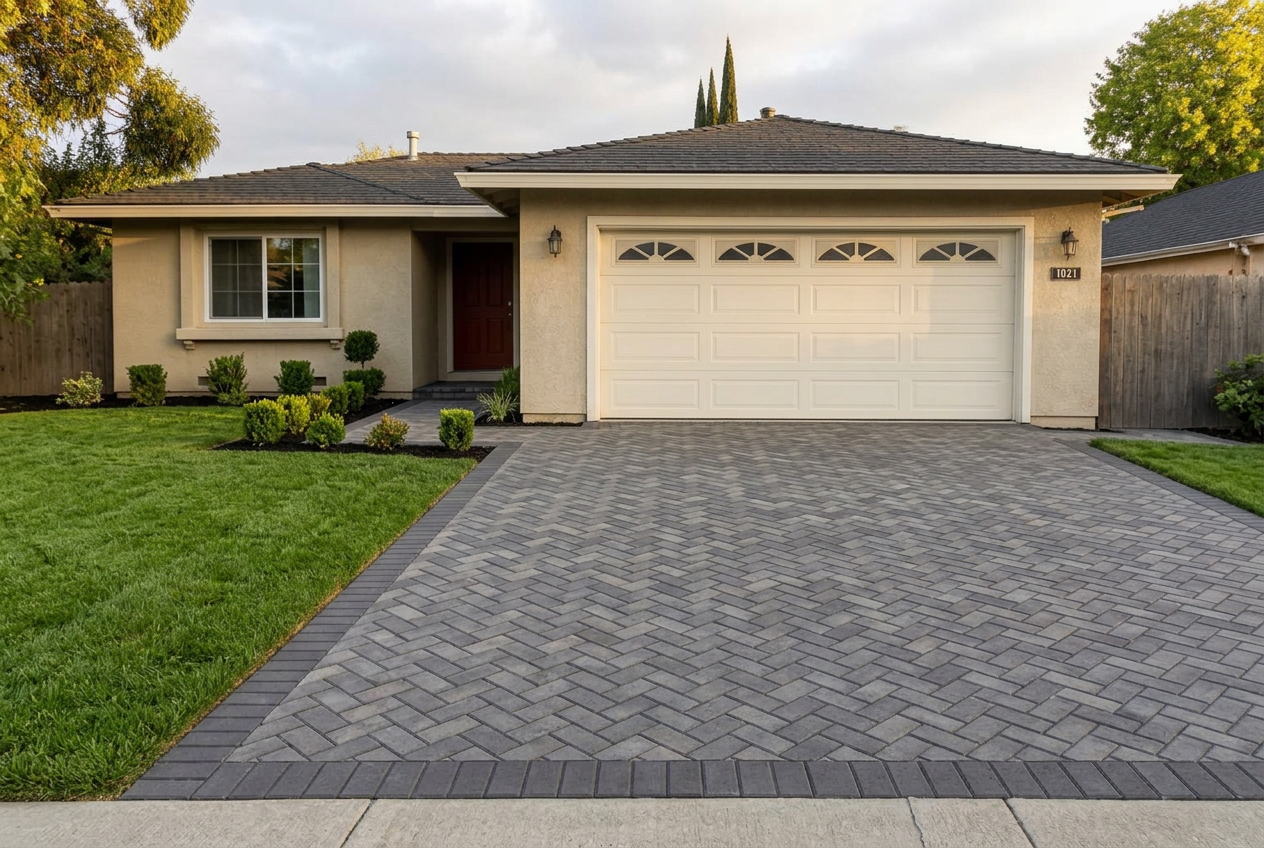 New paver driveway with clean edging