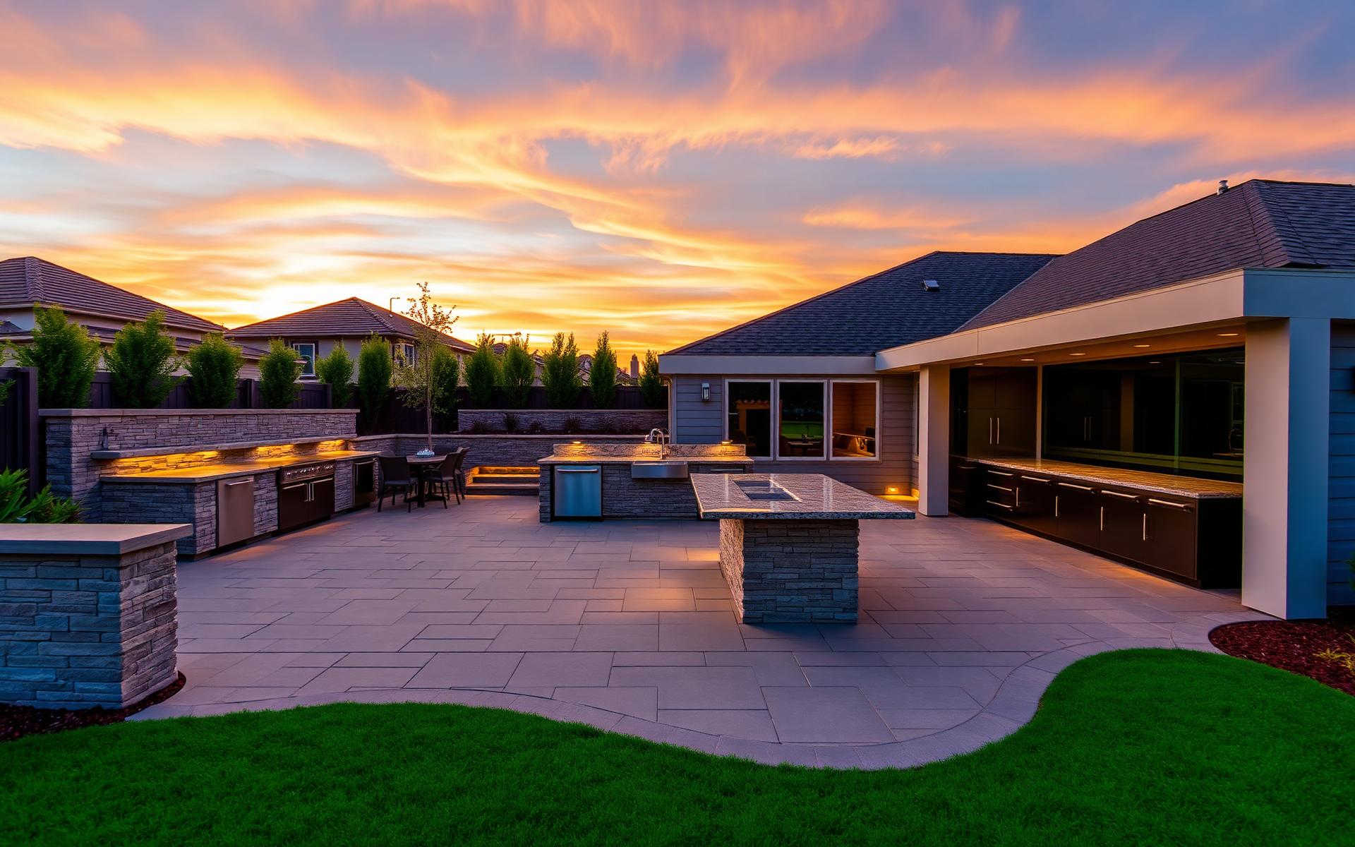 Paver patio with interlocking stone at sunset